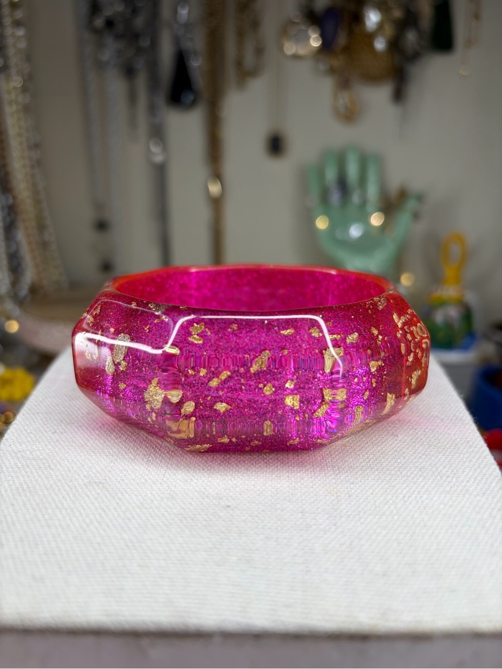 Vintage Bangle Bracelet Pink Lucite Gold Foil Flecks Retro Jewelry Barbie Chunky